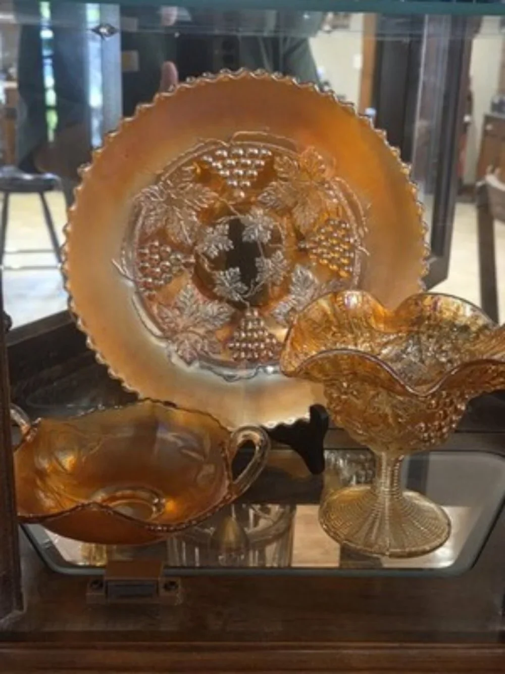 Vintage Imperial Glass Grape Marigold Carnival Glass Ruffled Pedestal Compote